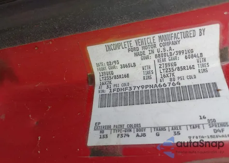 1993 Ford F350 из США, поврежденный, VIN 1FDHF37Y9PNA66764